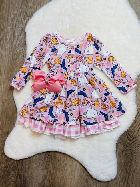 Girls Pink Preppy Halloween Dress with Matching Bow - Bowtism