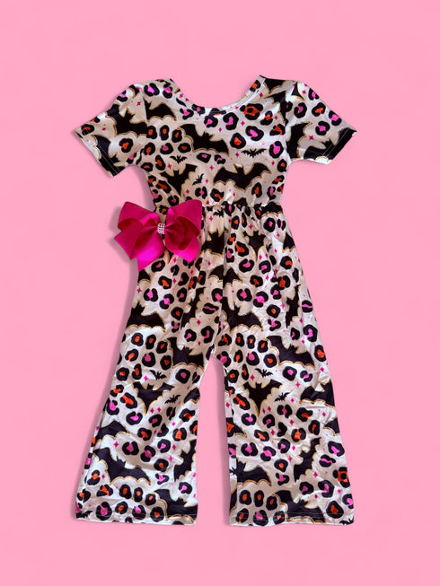 Girls Pink Halloween Bat Romper with Matching Bow - Bowtism