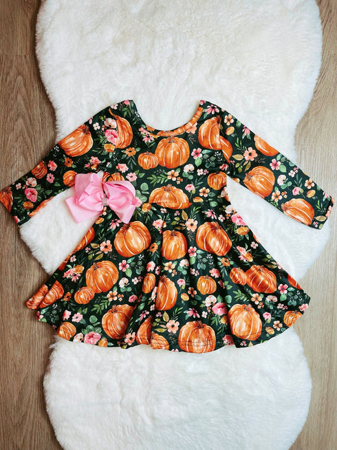Girls Preppy Pumpkin Dress with Matching Bow - Bowtism
