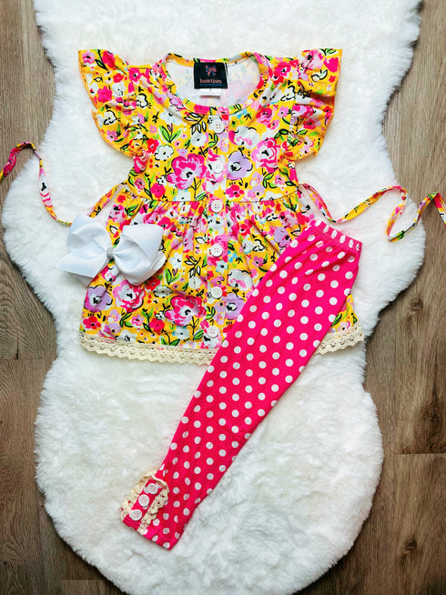 Girls Bowtism Floral Nyla Pants Set with Matching Bow - Bowtism