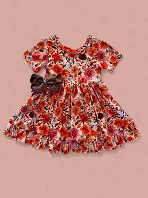 Girls Fall Floral Bow Dress with Matching Bow - Bowtism