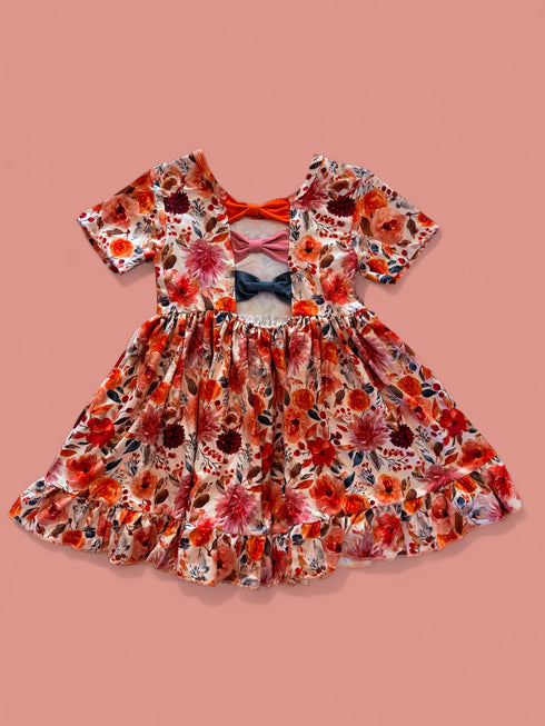 Girls Fall Floral Bow Dress with Matching Bow - Bowtism