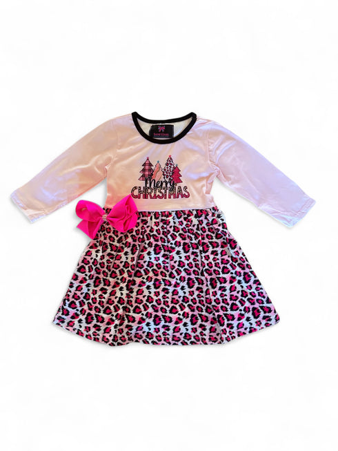 Girls Pink Christmas Diva Twirl Dress with Matching Bow - Bowtism