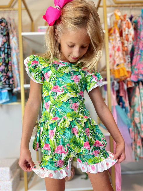 Bowtism Girls Jungle Flamingo Flutter Shorts Set with Matching Bow - Bowtism
