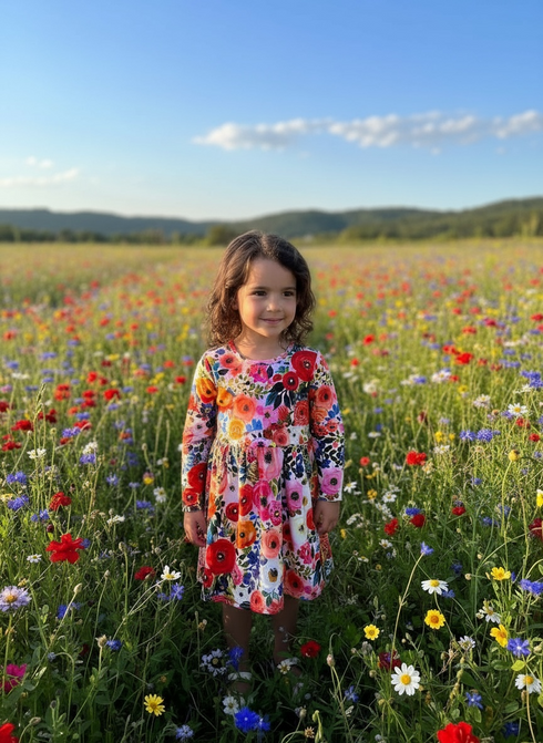 Girls Colorful Floral Fall Dress with Matching Bow - Bowtism