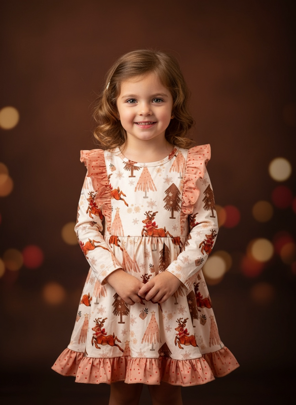 Girls Christmas Retro Ruffle Reindeer Twirl Dress with Matching Bow