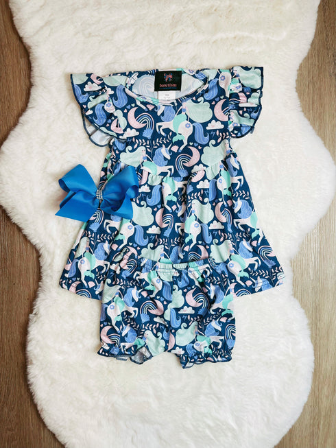 Bowtism Baby Girl Unicorn Mermaid Friends Dress & Bummie with Matching Bow - Bowtism
