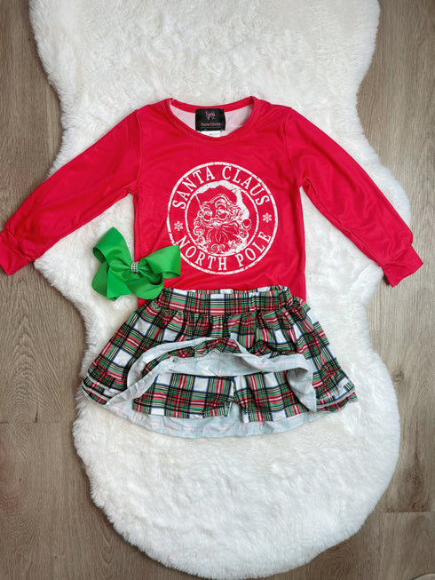 Bowtism Christmas Santa Plaid Skirt Set with Matching Bow - Bowtism