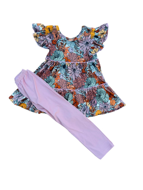 Girls Rustic Floral Everyday Pants Set with Matching Bow