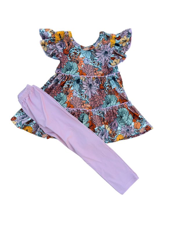 Girls Rustic Floral Everyday Pants Set with Matching Bow