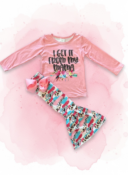 Girls Get It From My Mama Flare Pants Set with Matching Bow