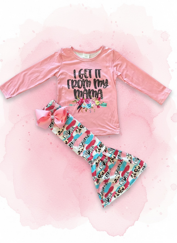 Girls Get It From My Mama Flare Pants Set with Matching Bow