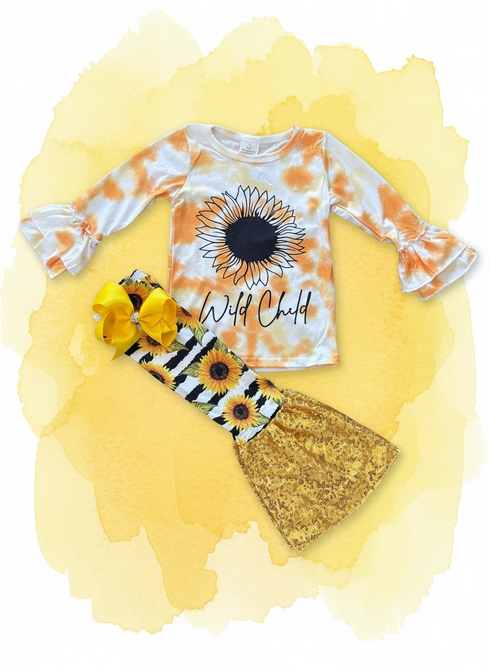 Girls Glitter Sunflower Flare Pants Set with Matching Bow