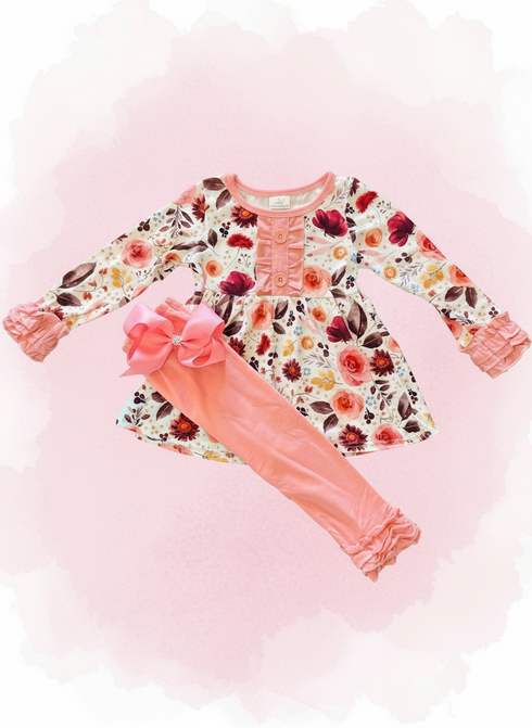 Girls Floral Everyday Pants Set with Matching Bow