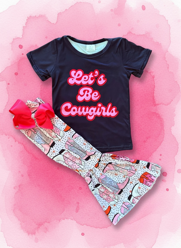 Girls Cowgirl Flare Pants Set with Matching Bow