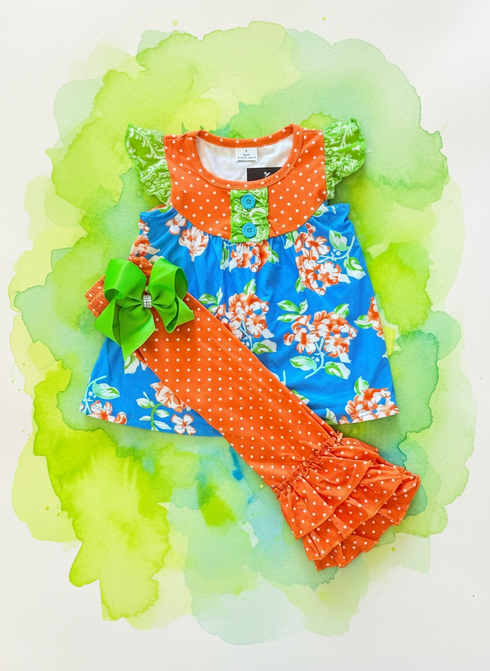 Girls Spring Floral Ruffle Pants Set with Matching Bow