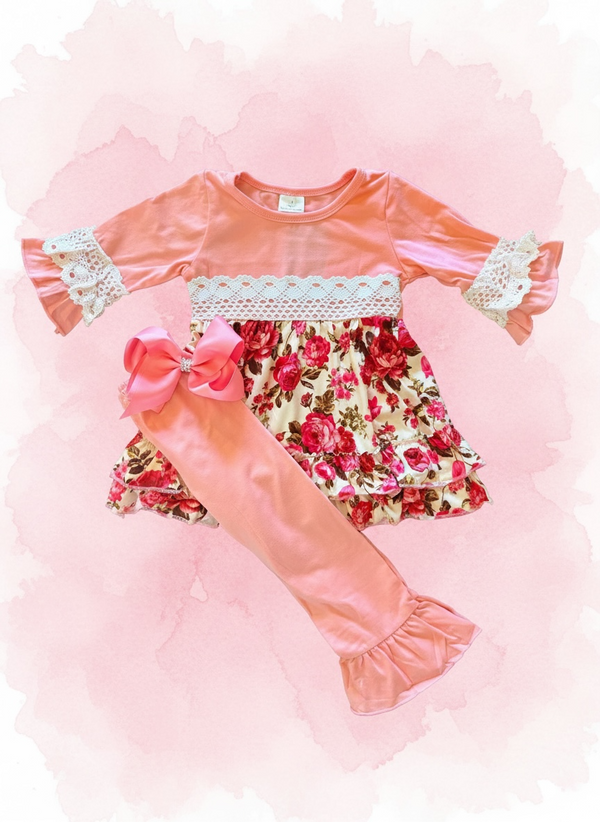 Girls Floral Lace Pants Set with Matching Bow