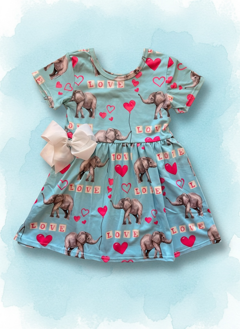 Girls Valentine Elephant Party dress with matching bow