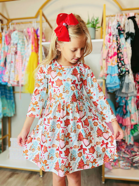 Bowtism Christmas Gingerbread Cookie Decorating Twirl Dress with Matching Bow - Bowtism