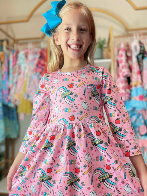 Bowtism School Rainbow Fashion Twirl Dress with Matching Bow - Bowtism