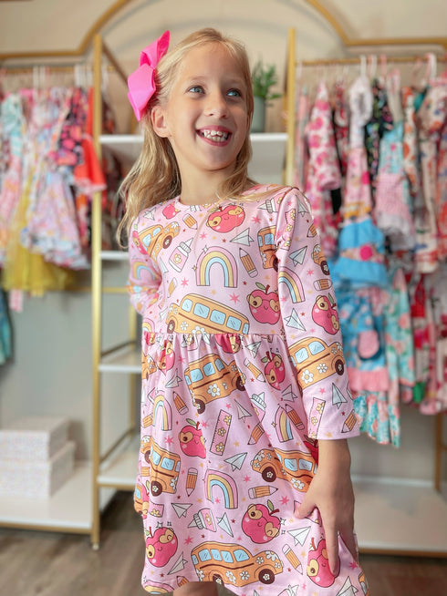 Bowtism Boho School Bus Twirl Dress with Matching Bow - Bowtism
