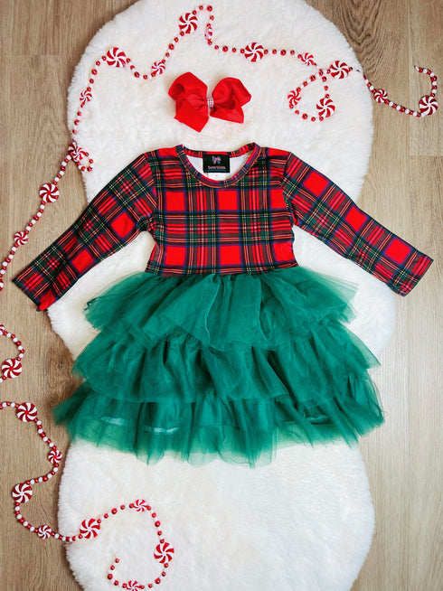 Bowtism Christmas Plaid Tutu Party Dress with Matching Bow - Bowtism