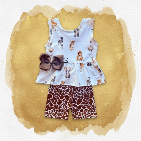 Girls Zoo Outfit Set: Sweet Safari Shorts + Matching Bow