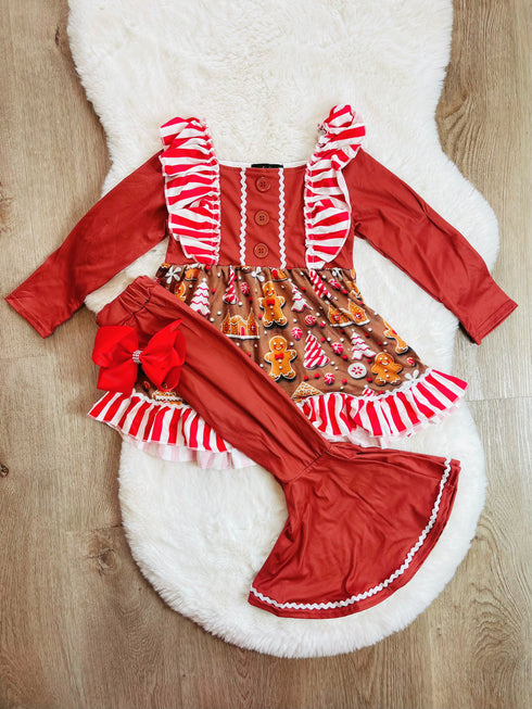 Bowtism Gingerbread Dreams Lace Flare Pants Set with Matching Bow - Bowtism