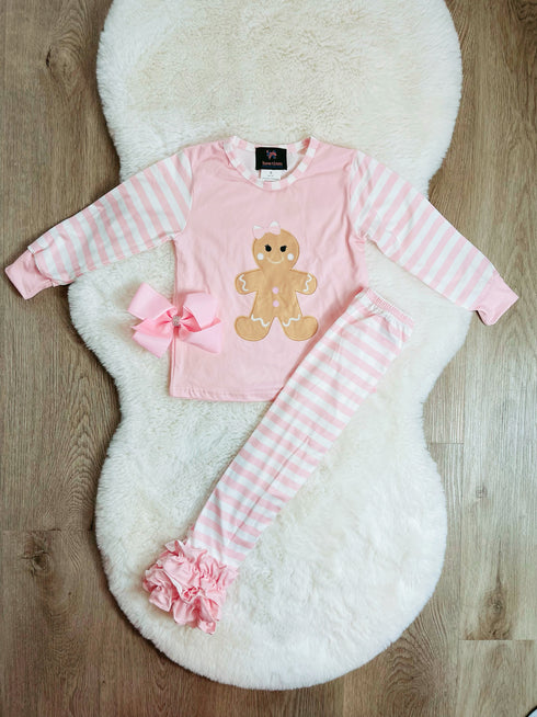 Bowtism Girls Pink Gingerbread Ruffle Pajama Pants Set with Matching Bow - Bowtism