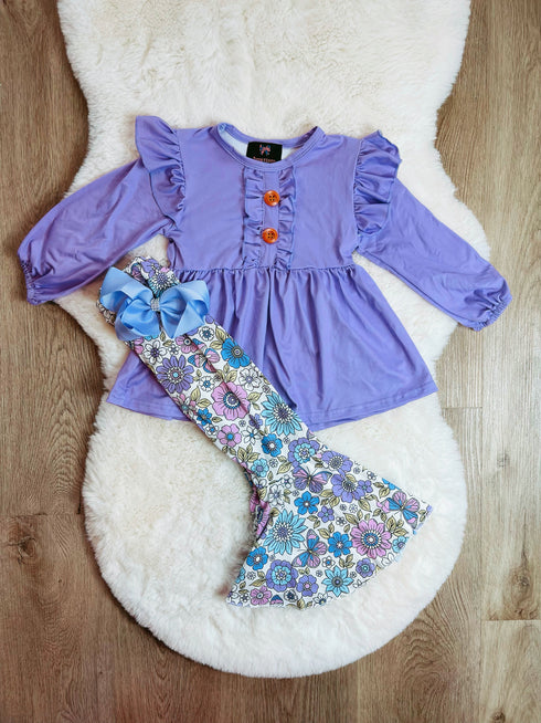 Bowtism Girls Lilac Butterfly Floral Flare Pants Set with Matching Bow - Bowtism