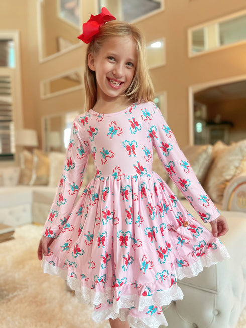 Bowtism Christmas Mistletoe Candy Cane Lace Twirl Dress with Matching Bow - Bowtism