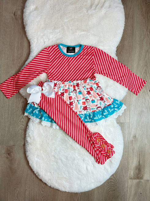 Bowtism Girls Merry Christmas Ruffle Pants Set with Matching Bow - Bowtism