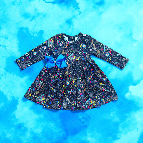 Girls Science Print Twirl Dress with Matching Bow