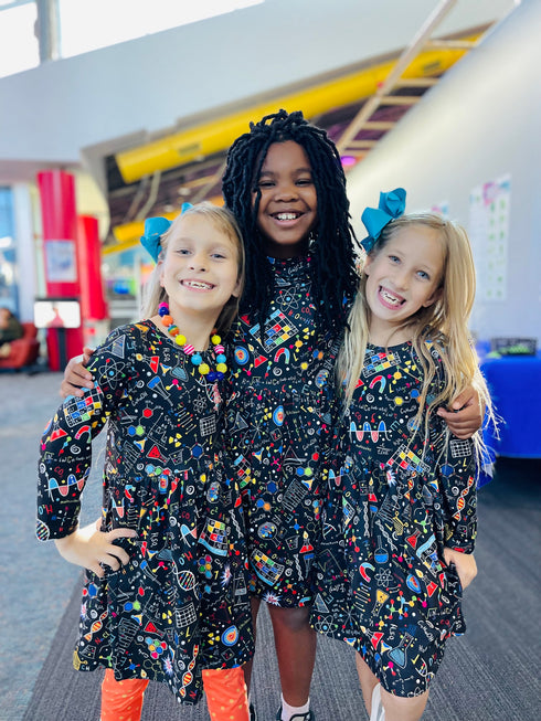Girls Science Print Twirl Dress with Matching Bow