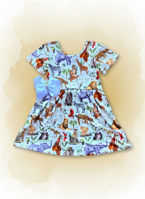Girls Adventure Safari Zoo Dress with Matching Bow