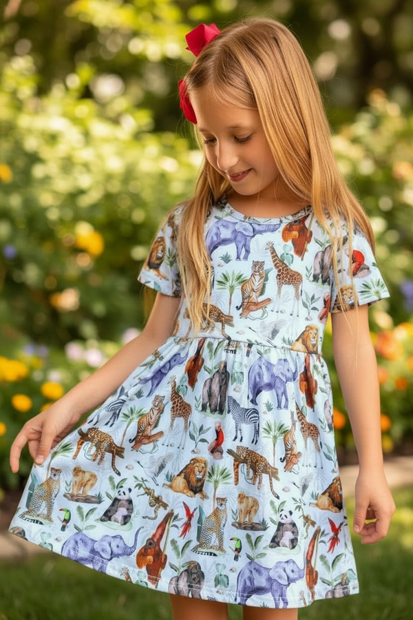 Girls Adventure Safari Zoo Dress with Matching Bow
