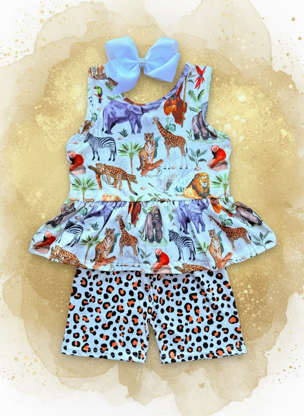 Girls Adventure Safari Zoo Outfit Set with Matching Bow