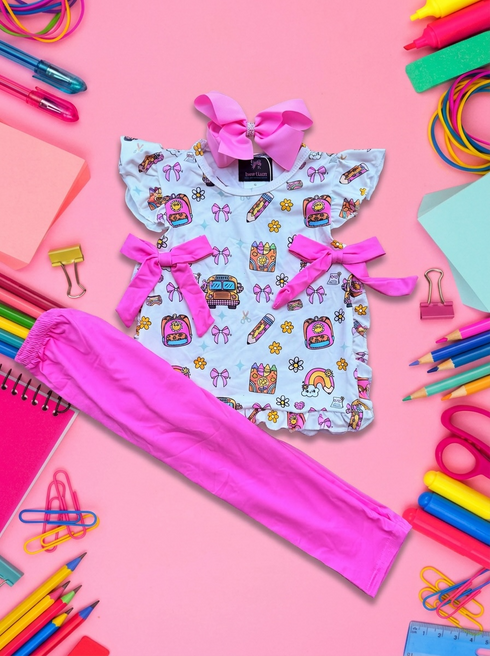 Girls ABC Lace School Pants Set with Matching Bow