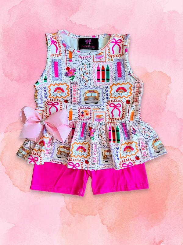 Girls Pink Preppy School Shorts Set with matching Bow