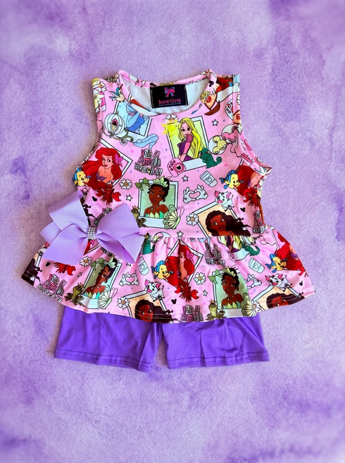 Girls Pink Princess Shorts Set & Matching Bow