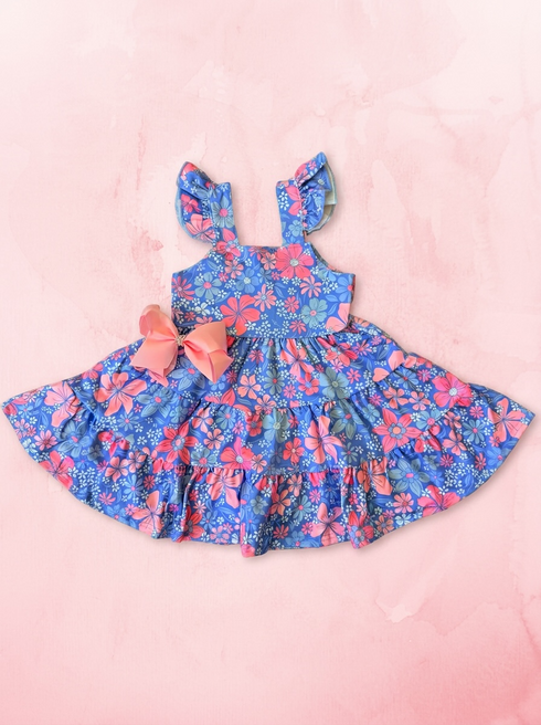 Girls Bright Summer Floral Dress with Matching Bow