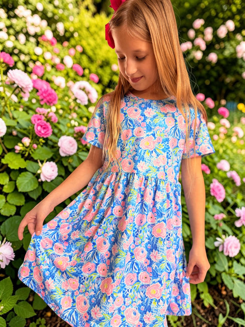 Girls Tropical Floral Dress + Matching Bow (Pink)
