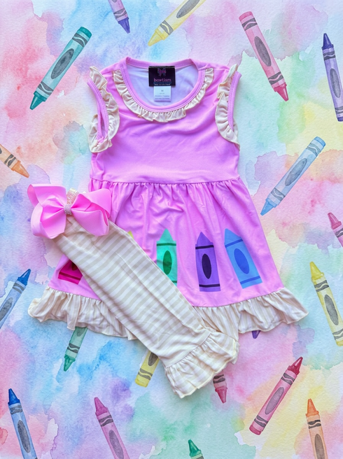 Girls School Crayon Capri Set with matching Bow