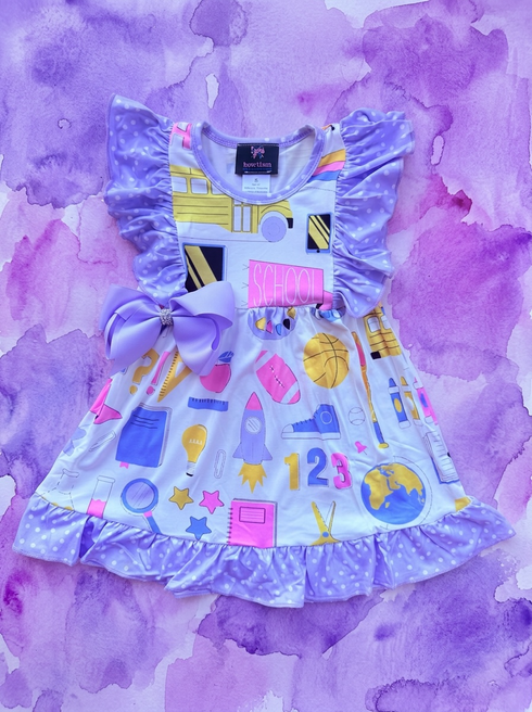 Girls Preppy Lavender School Dress with matching Bow