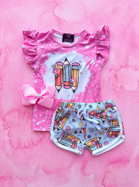 Girls Pink Preppy Pencil Shorts Set with matching Bow