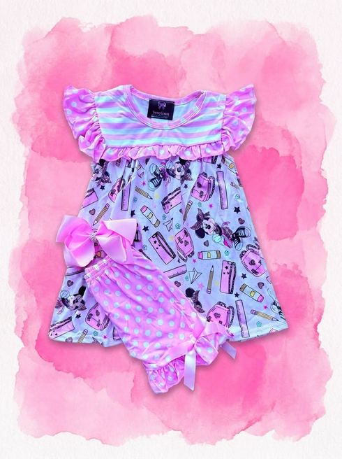 Girls Pink School Shorts Set with matching Bow