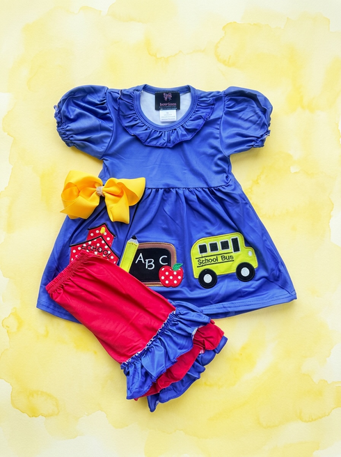 Girls School Bus Ruffle Shorts Set with Matching Bow
