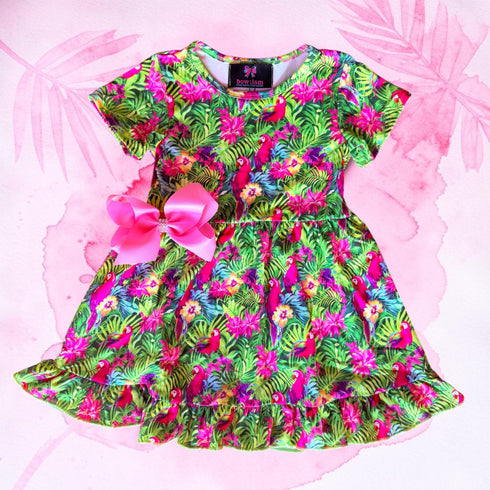 Girls Tropical Bird Dress & Matching Bow