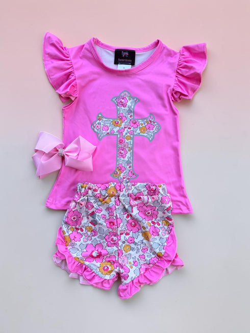 Girls Summer Church Shorts Set & Matching Bow