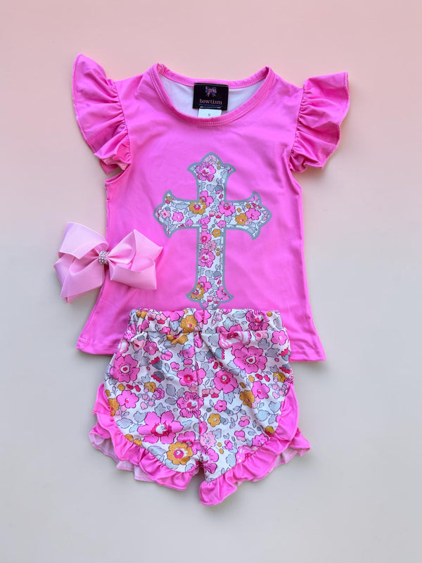 Girls Summer Church Shorts Set & Matching Bow
